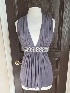 Sky Sleeveless V-Neck Embellished Gray Top